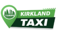 Kirkland Taxi logo featuring a green location pin with trees, buildings, and waterfront elements alongside bold Kirkland Taxi text in green and white.