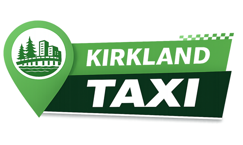 Kirkland Taxi logo featuring a green location pin with trees, buildings, and waterfront elements alongside bold Kirkland Taxi text in green and white.