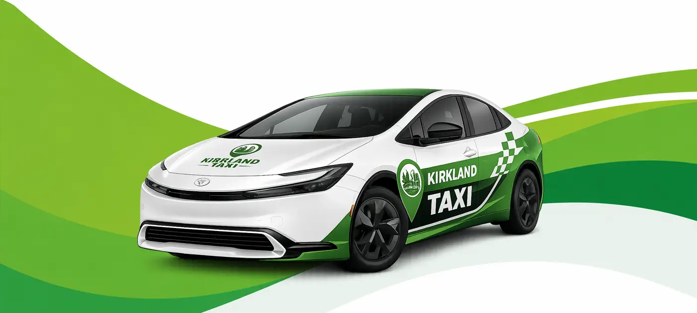 Kirkland Taxi branded Toyota Prius with a custom green and white vehicle wrap displayed on an abstract green wave background.